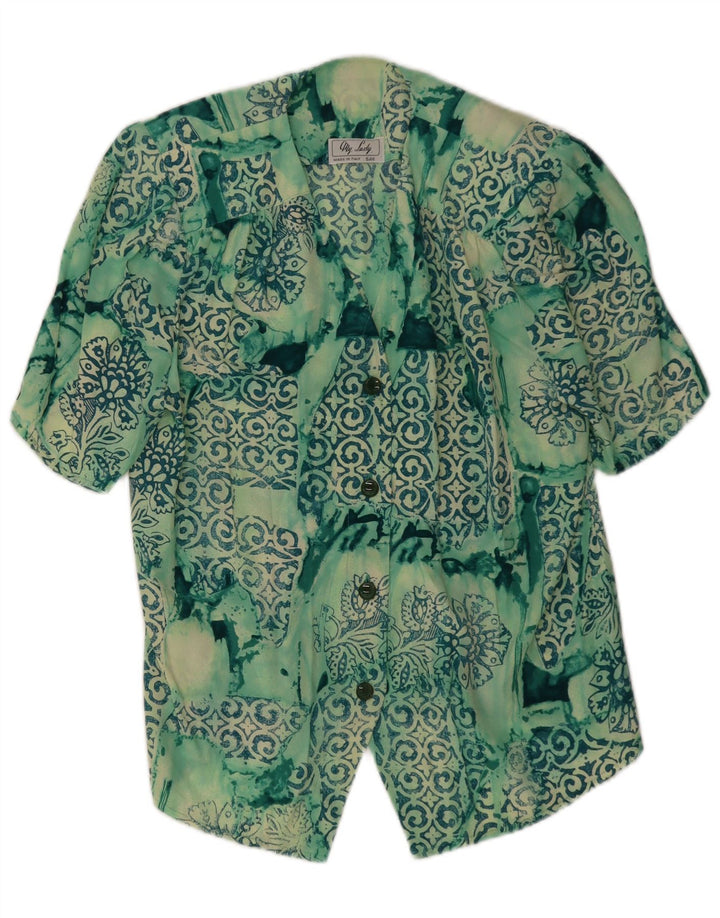 vintage Femme Chemise À Manches Courtes Blouse UK 14 Patchwork Vert Moyen