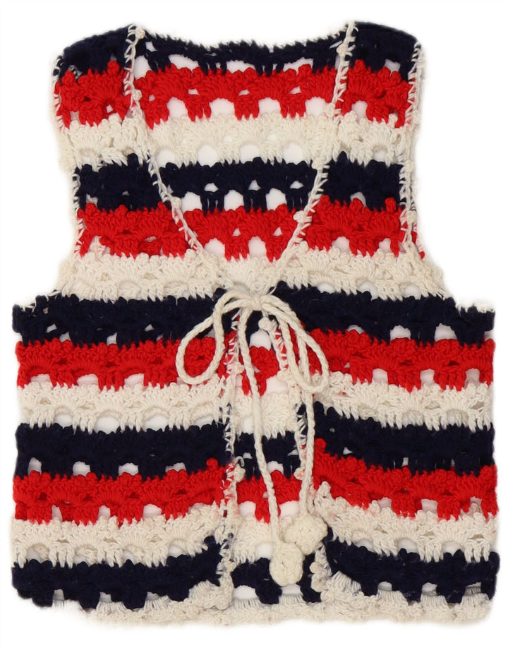 vintage Femmes Sans Manches Cardigan Pull UK 8 Petit Rayé Multicolore