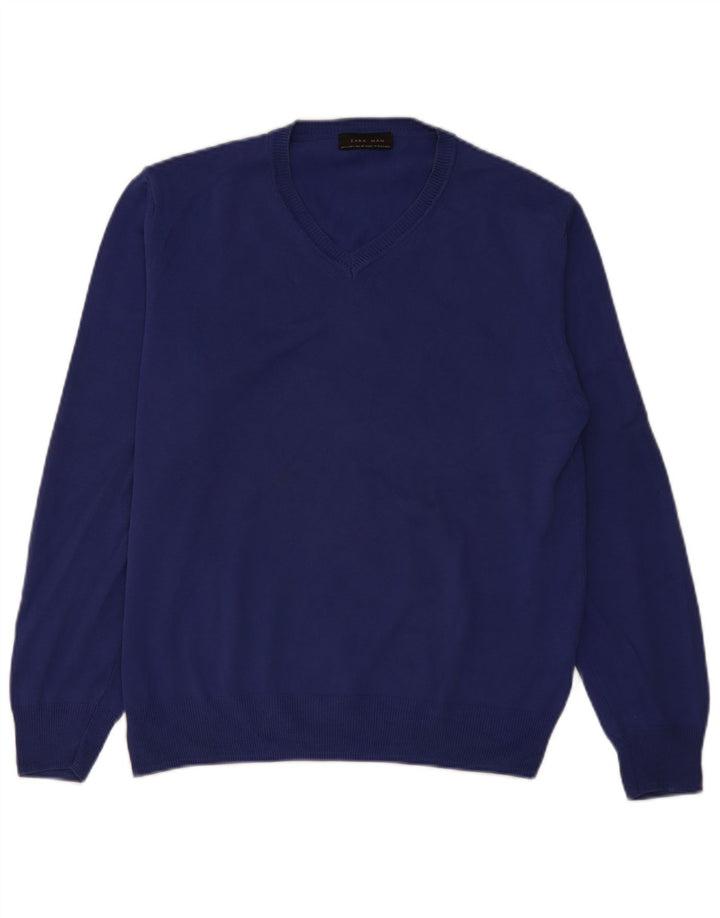 Zara Pull col V pour hommes, grand, bleu