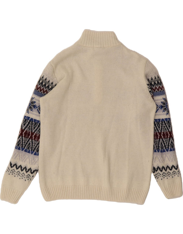 ATLAS FOR MEN Mens Zip Neck Jumper Sweater Large White Fair Isle Acrylic