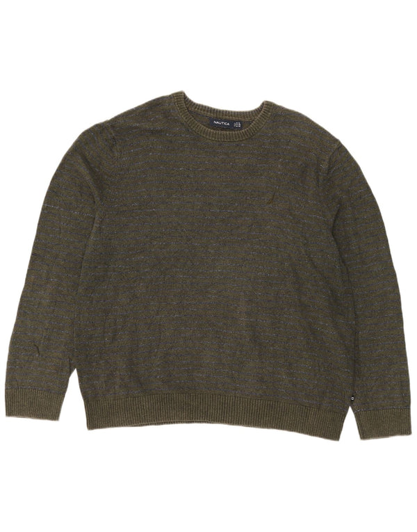 Nautica Pull col rond pour homme en coton à fines rayures Vert 2XL