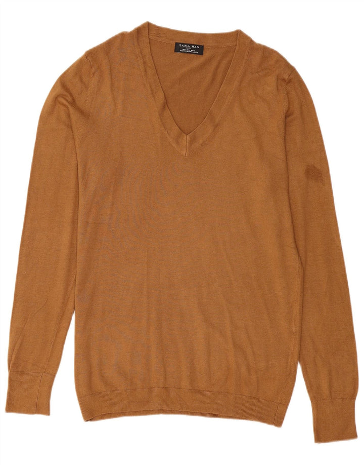 Zara Pull Col V Homme Large Marron Viscose