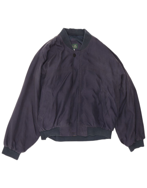 vintage Mens Bomber Jacket UK 44 2XL Bleu Marine Soie