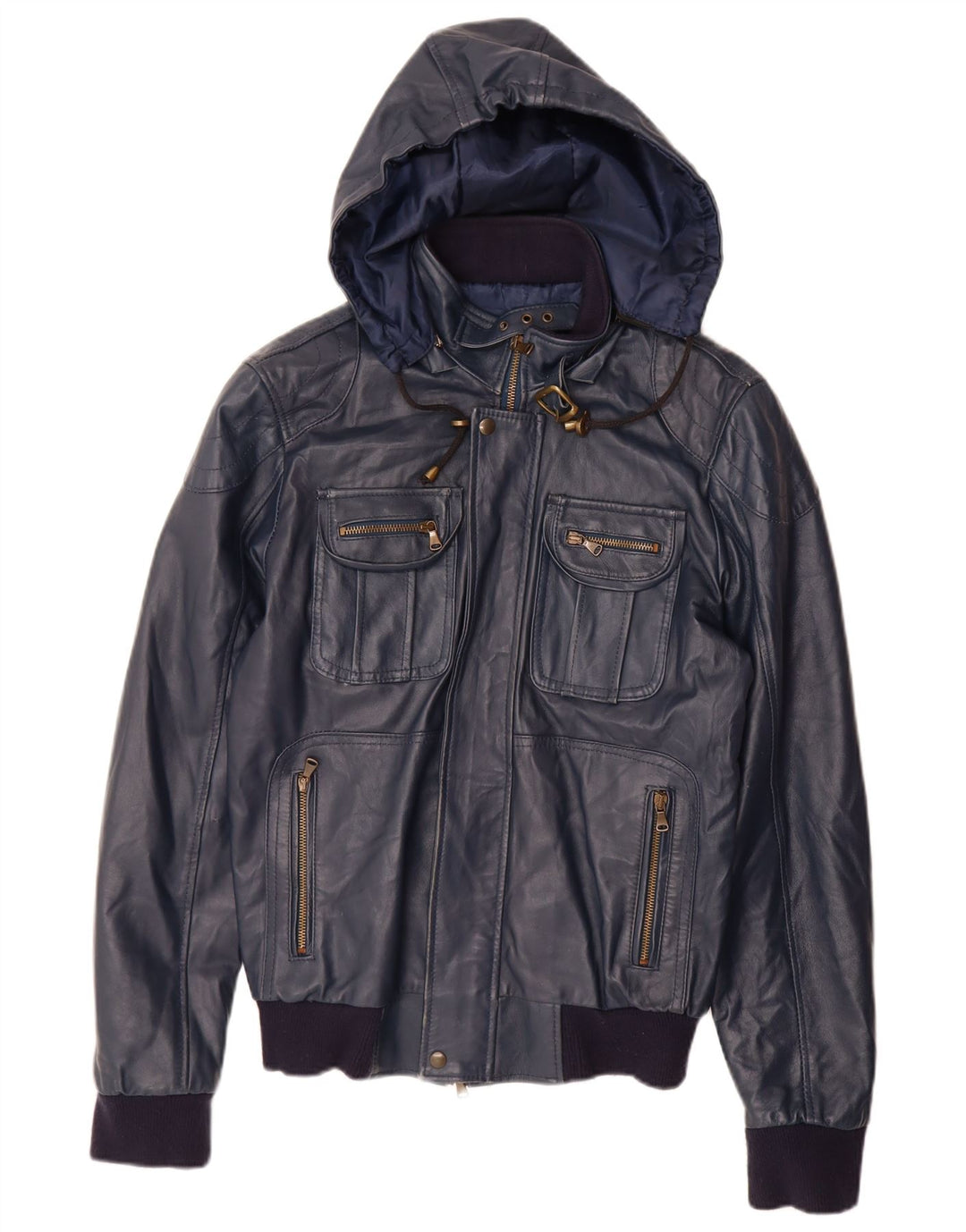 VINTAGE Veste en cuir à capuche femme UK 14 Grand cuir bleu marine