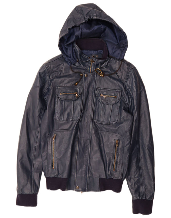 VINTAGE Veste en cuir à capuche femme UK 14 Grand cuir bleu marine