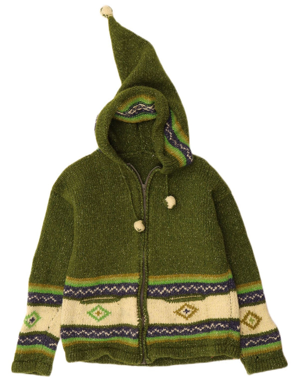 vintage Femme Cardigan à capuche Pull UK 14 Moyen Vert Rayé