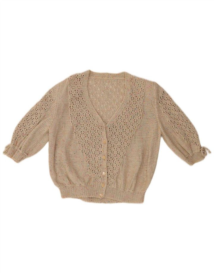 VINTAGE Femme 3/4 Manches Cardigan Pull UK 12 Moyen Beige Moucheté