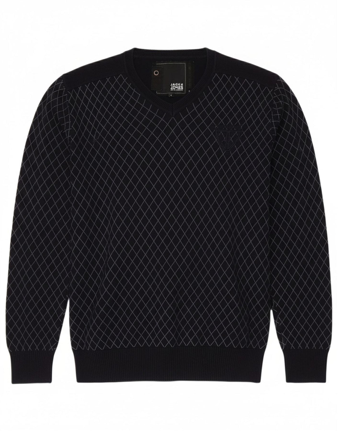 JACK & JONES Mens V-Neck Jumper Sweater Large Navy Blue Check Cotton