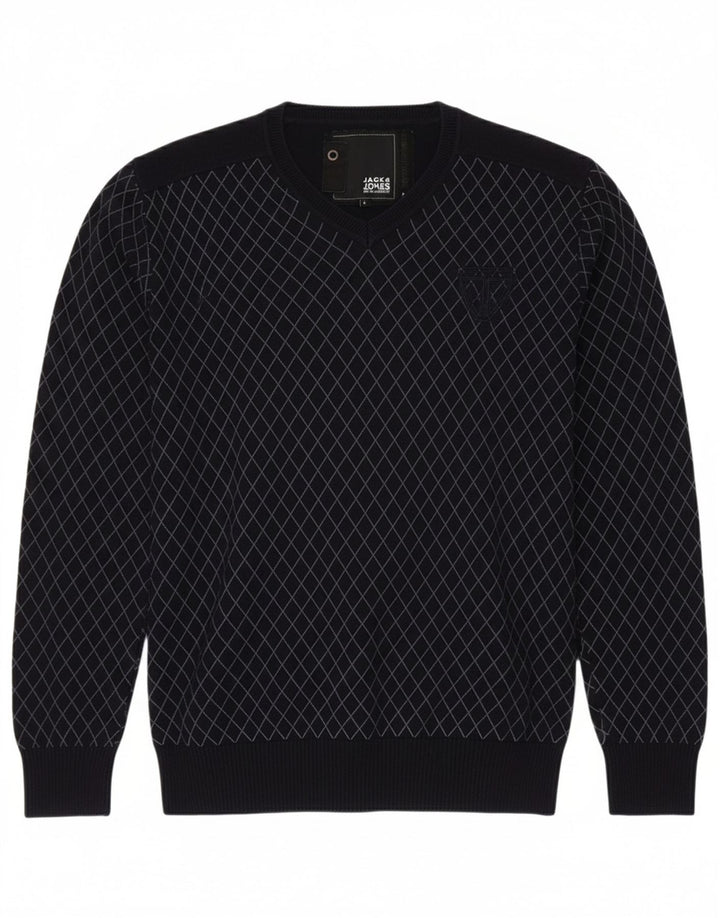 JACK & JONES Mens V-Neck Jumper Sweater Large Navy Blue Check Cotton