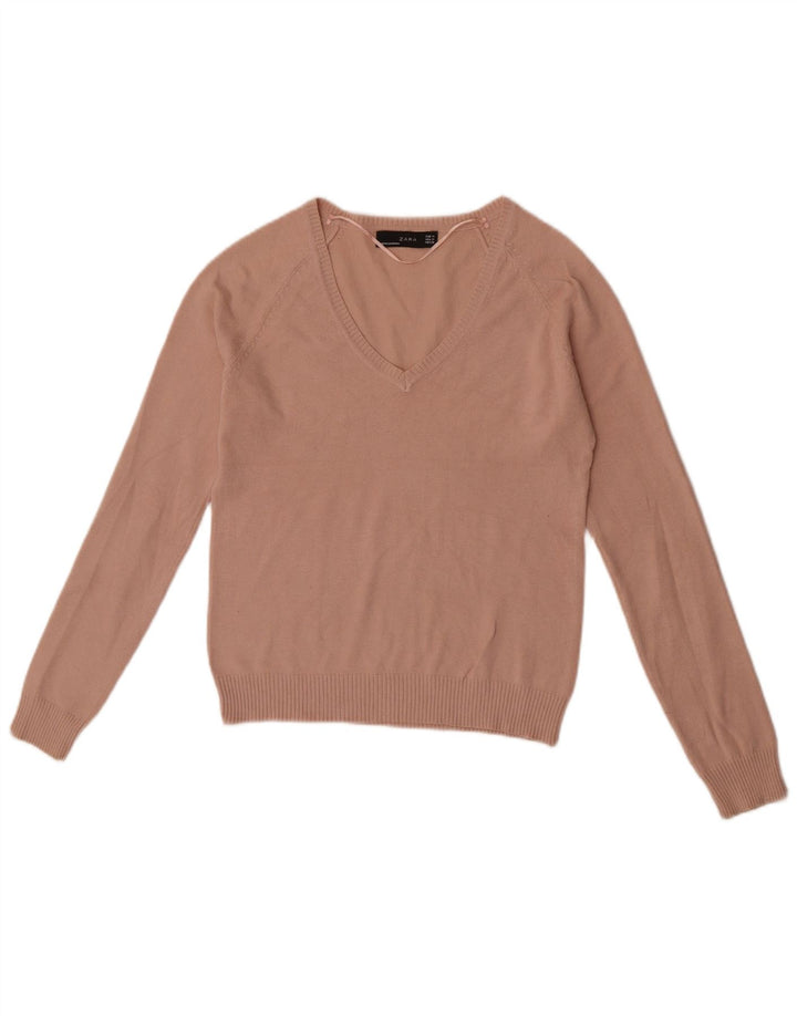 Zara Pull court à col en V pour femme UK 12 Rose moyen