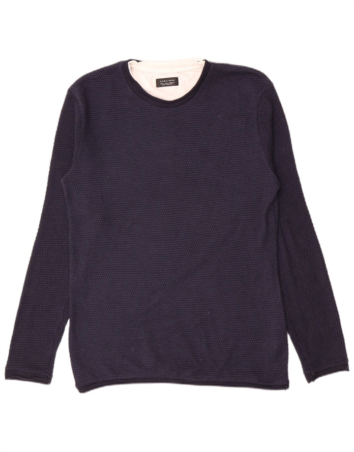 Zara Pull ras du cou pour homme en polyester bleu marine Taille L