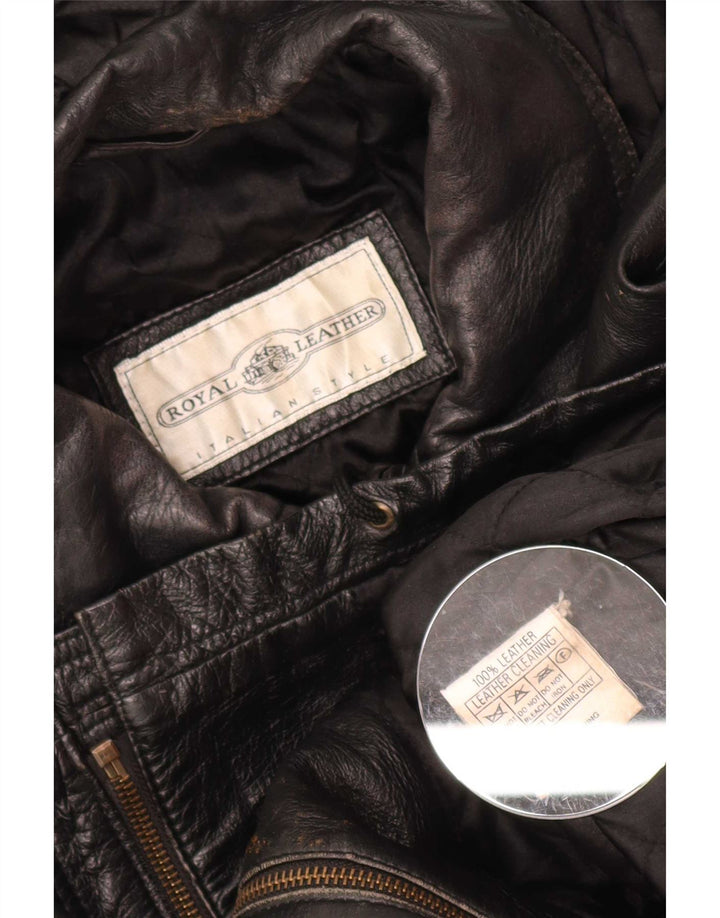 Vintage Veste en cuir surdimensionnée à capuche pour femme IT 44 Medium Black
