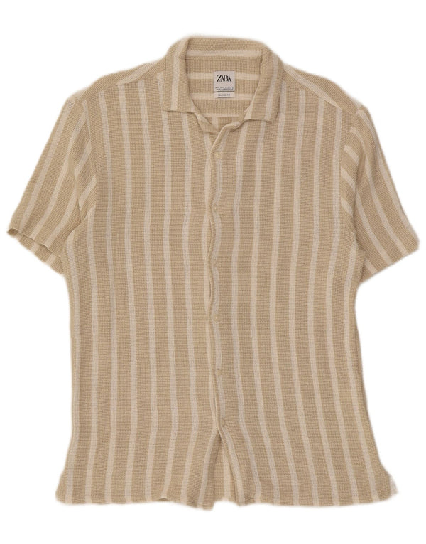 Zara Chemise décontractée à manches courtes pour hommes Large Beige Rayé