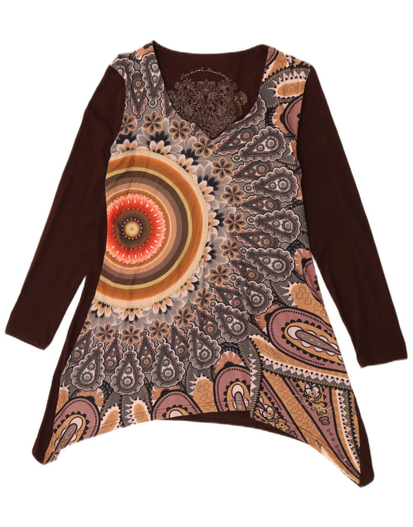Desigual Tunique Asymétrique à Manches Longues pour Femme UK 14 Grand Marron Floral