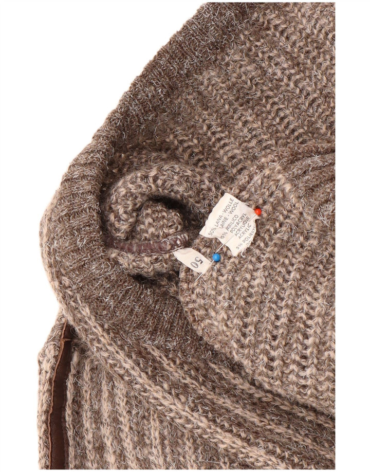 vintage Homme Col V Pull Pull IT 50 Laine Rayée Marron Moyen
