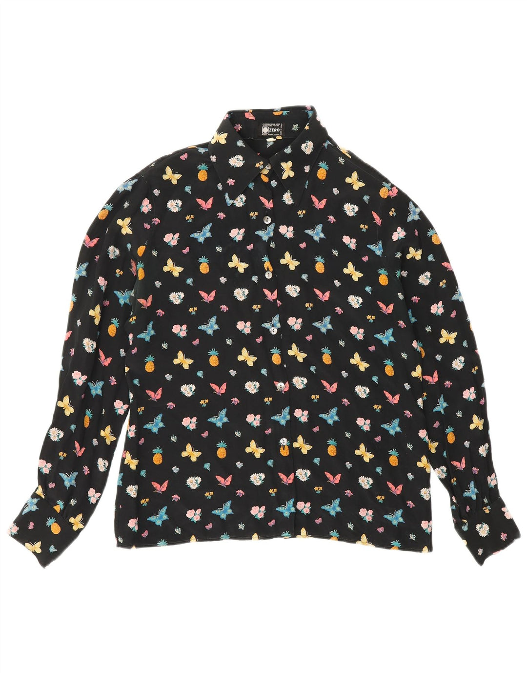 Zero Womens Graphic Shirt Blouse IT 46 Grand papillon en soie florale noire
