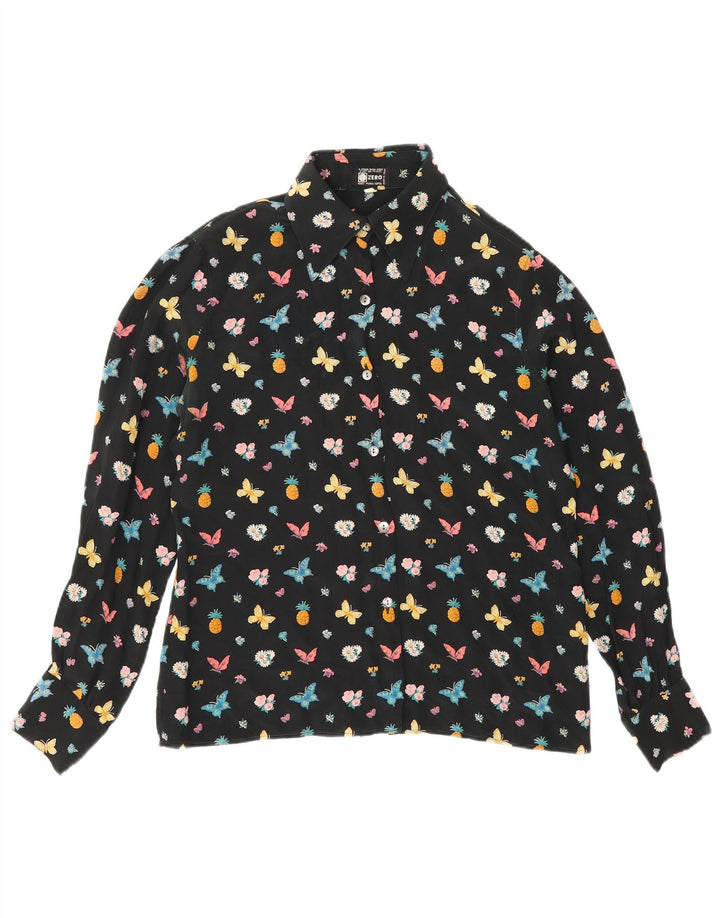 Zero Womens Graphic Shirt Blouse IT 46 Grand papillon en soie florale noire