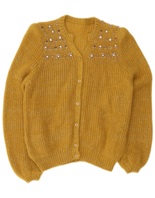 vintage Femme Cardigan Pull UK 12 Moyen Jaune Moucheté
