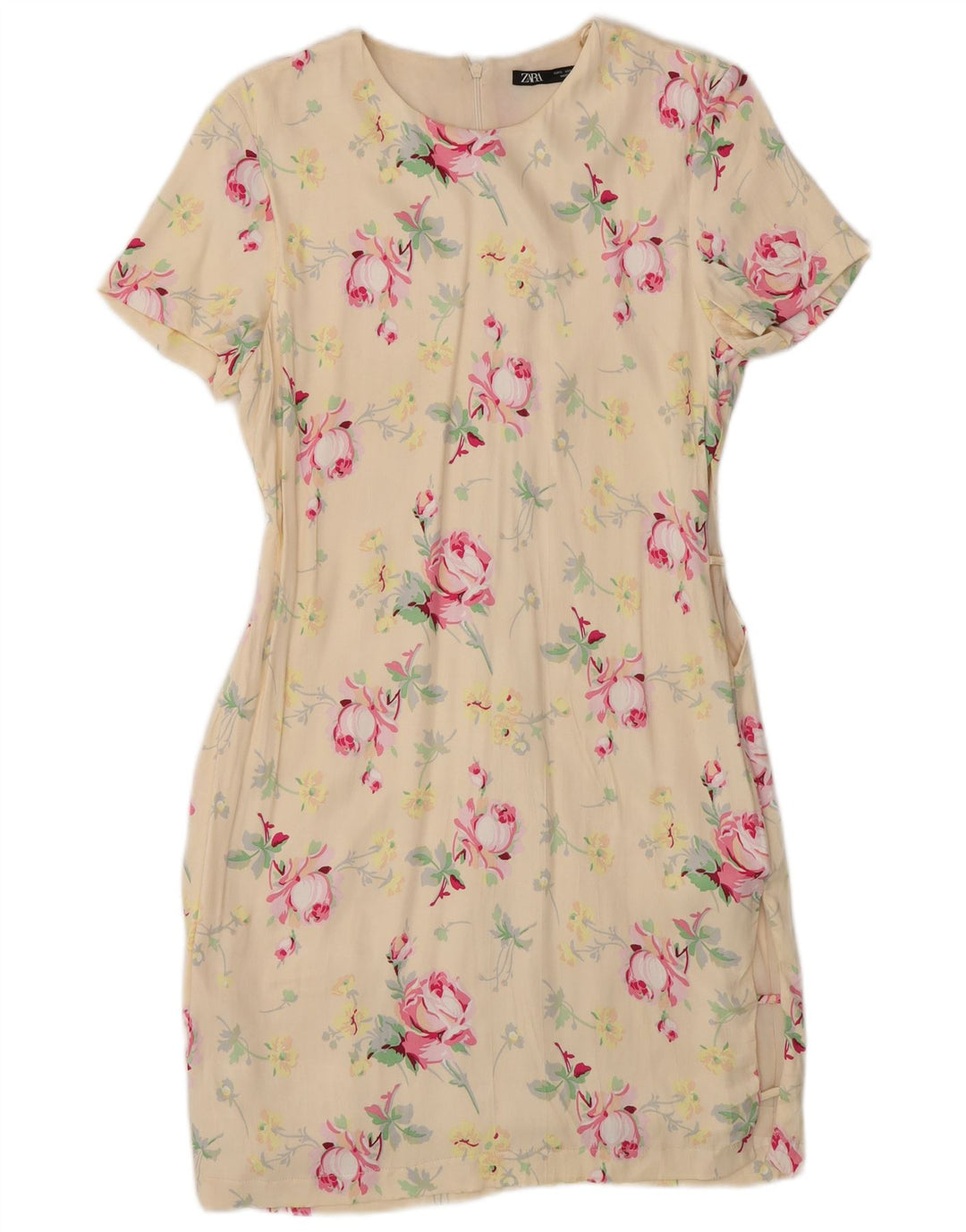 Zara Robe fourreau pour femme UK 10 Petit polyester blanc cassé à fleurs