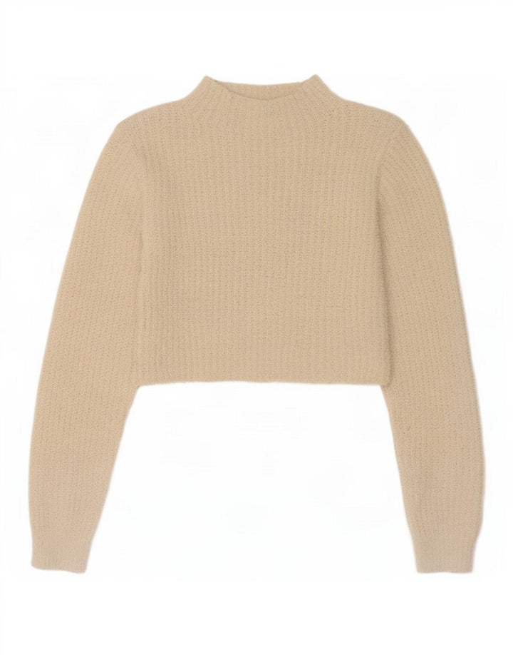 Zara Pull court à col roulé pour femme UK 10 Petit polyester blanc cassé