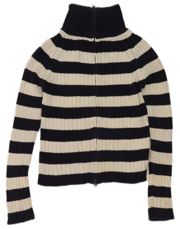 Zara Womens Crop Cardigan Sweater UK 14 Large Bleu Marine Rayé Coton
