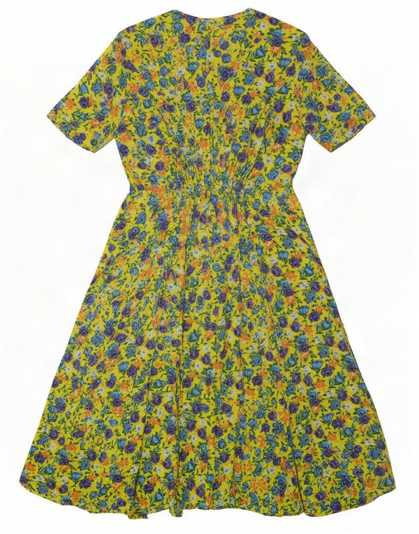 vintage Femmes Régulière Robe A-Line UK 12 Moyen Jaune Floral Rétro
