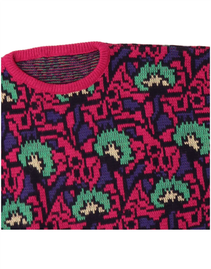 VINTAGE Femmes Motif Abstrait Ras du Cou Pull Pull UK 16 Grand Rose