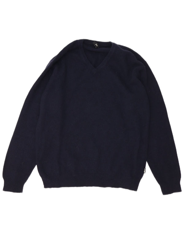 Asics Mens V-Neck Jumper Sweater Large Navy Blue Lambswool