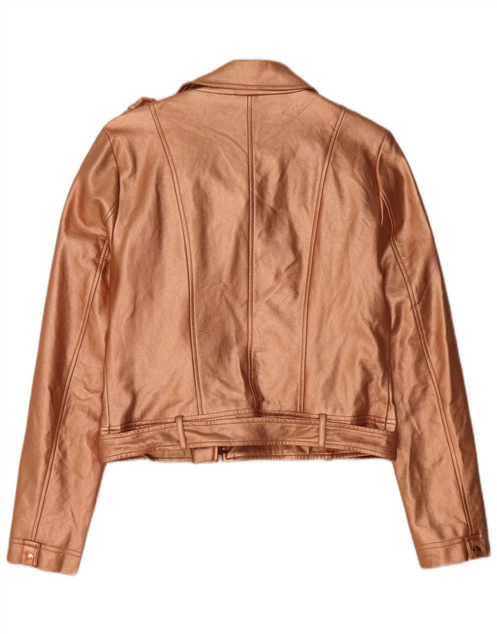 GUESS Veste de motard courte en similicuir pour femme UK 12, polyuréthane doré moyen