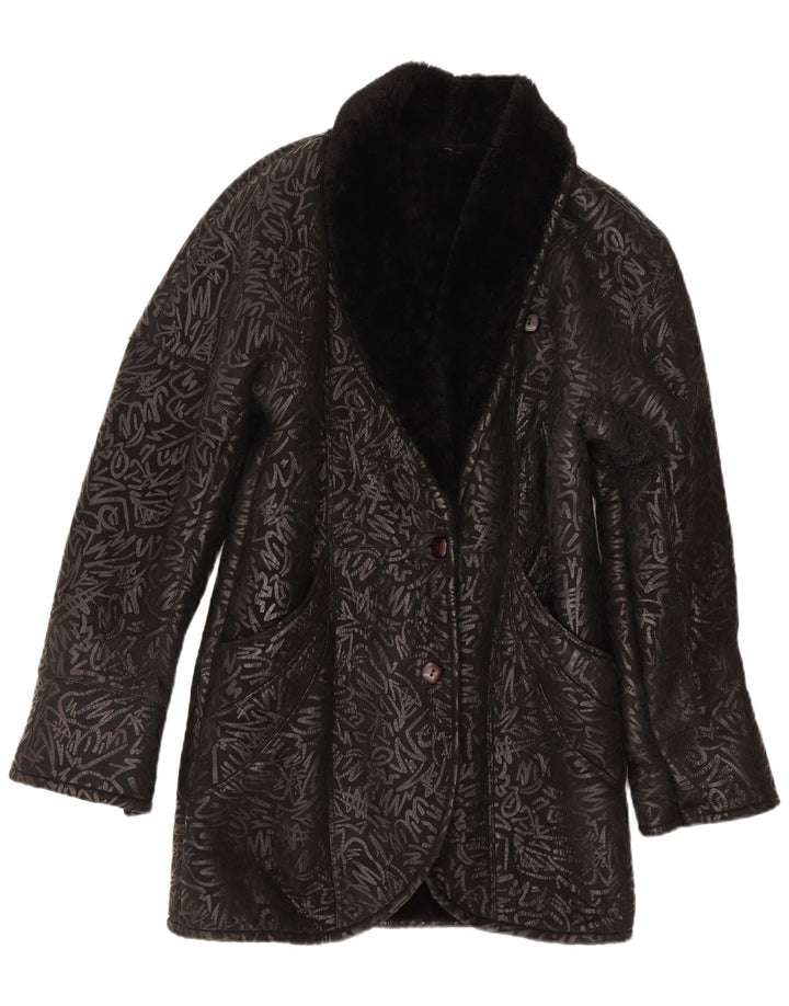 vintage Womens Abstract Pattern Shearling Coat UK 14 Moyen Noir