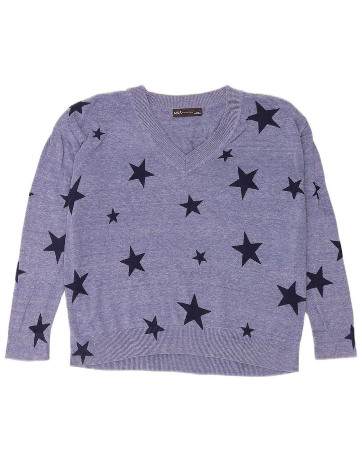 Marks & Spencer Pull graphique à col en V pour femme UK 10 Small Bleu