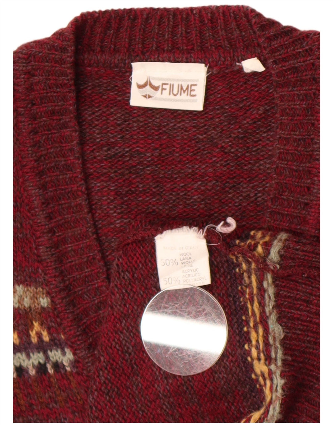 Fiume Pull col V pour homme en laine Fair Isle bordeaux Taille L