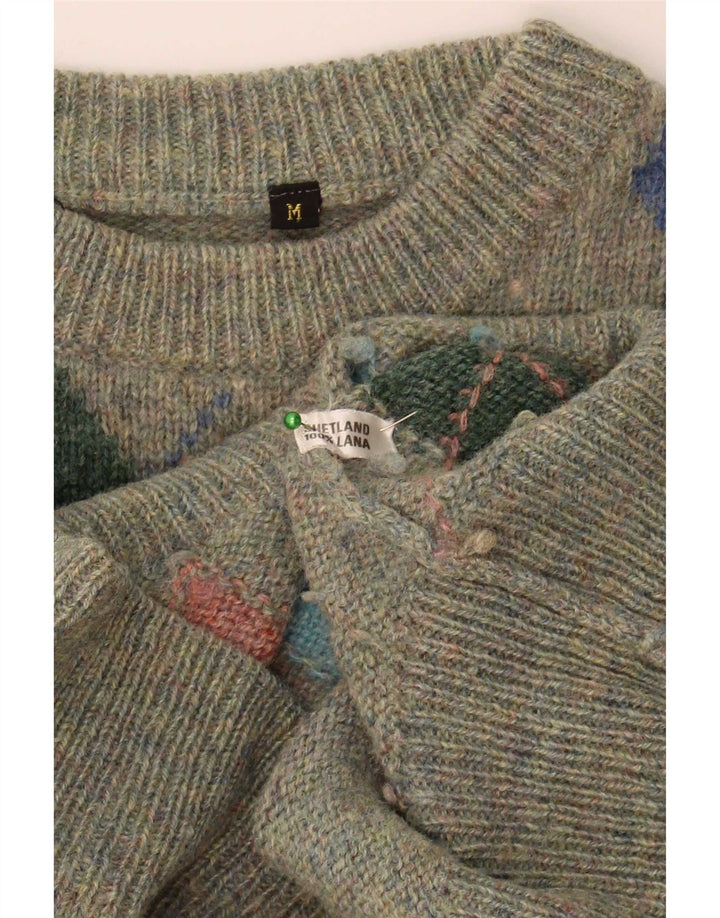 vintage Mens Crew Neck Jumper Pull Moyen Vert Argyle/Diamond Laine
