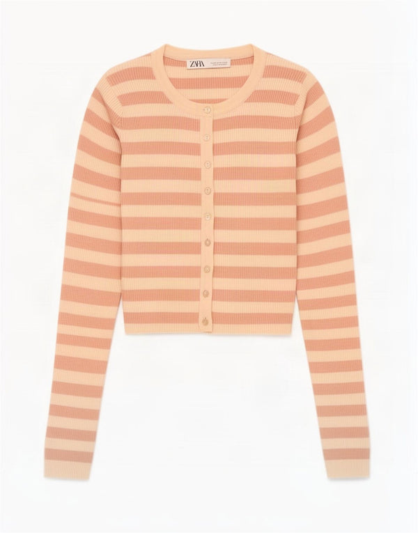 Zara Womens Crop Cardigan Top UK 12 Nylon rayé beige moyen