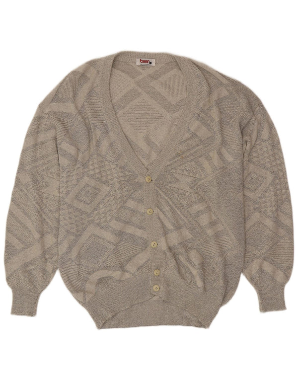 VINTAGE Homme Cardigan Pull Grand Gris Géométrique Coton