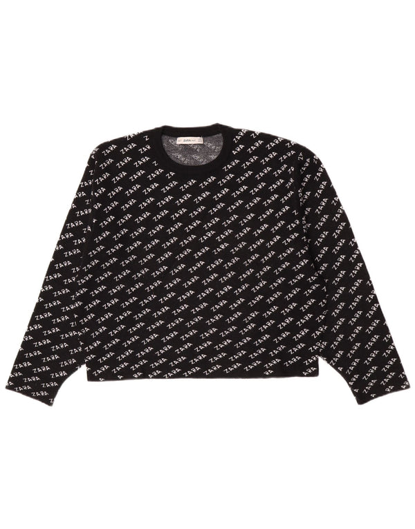Zara Pull graphique à col rond pour femme UK 14 Noir moyen