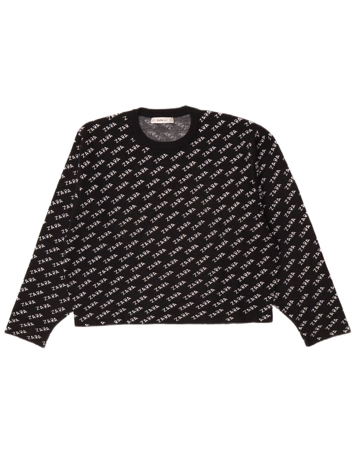 Zara Pull graphique à col rond pour femme UK 14 Noir moyen