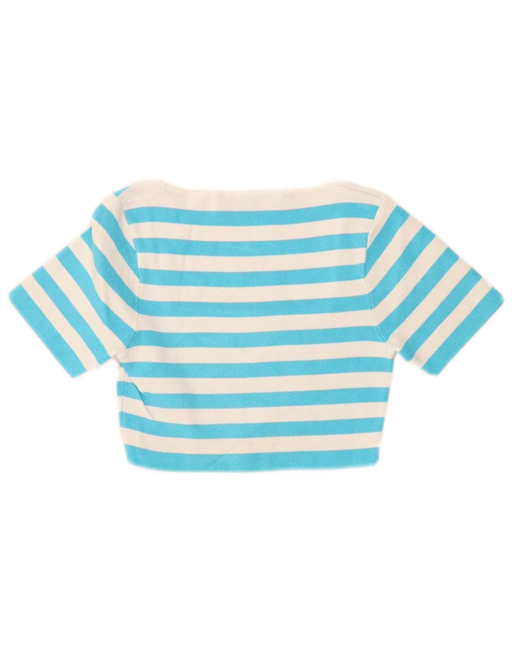 Zara Femme Crop Top UK 8 Petite Viscose Rayée Bleue