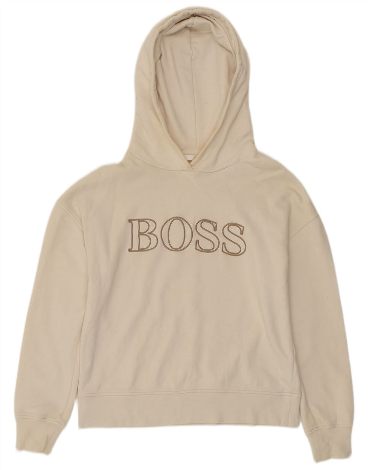 HUGO BOSS Pull à capuche surdimensionné graphique pour femme UK 10 Small Blanc cassé