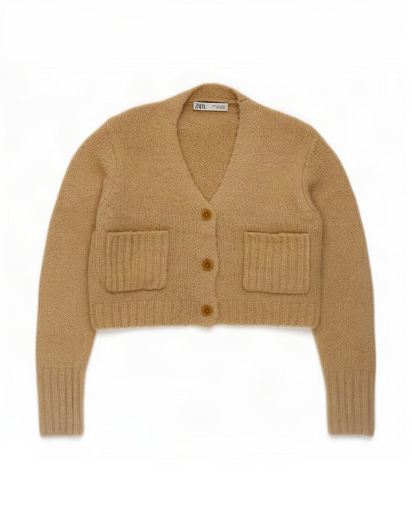 Zara Womens Crop Cardigan Pull UK 10 Petit Beige Polyester