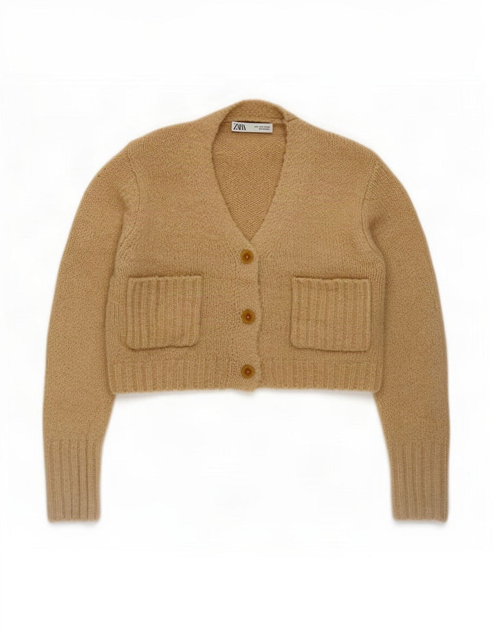 Zara Womens Crop Cardigan Pull UK 10 Petit Beige Polyester