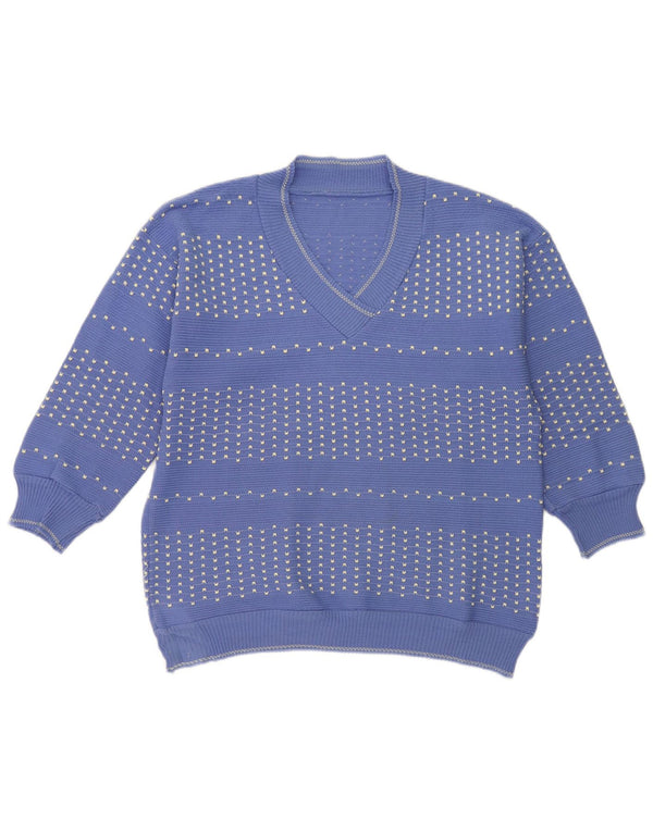 vintage Femme V-Col Jumper Pull UK 14 Grand Bleu Rayé