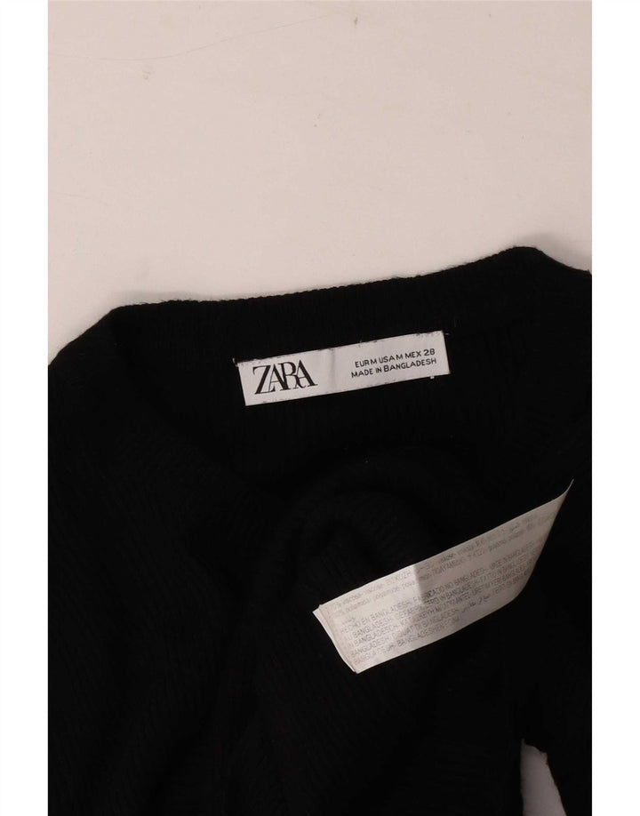 Zara Femme Crop Top Manches Longues UK 12 Medium Noir Viscose