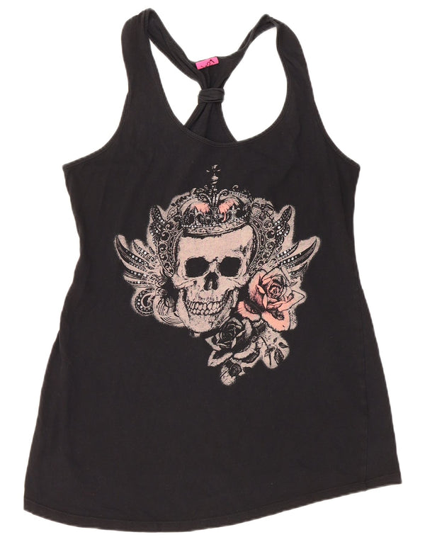 VINTAGE Femme Graphique Débardeur UK 12 Moyen Noir Coton