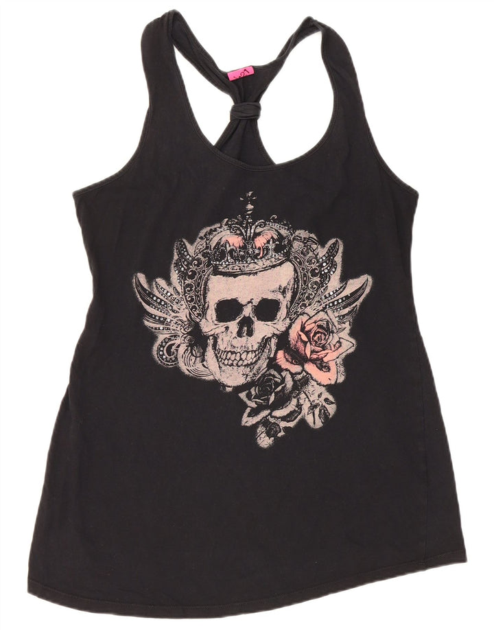 VINTAGE Femme Graphique Débardeur UK 12 Moyen Noir Coton