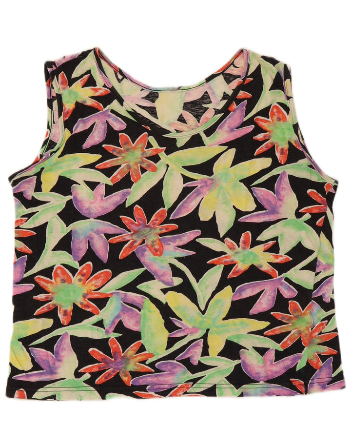 VINTAGE Femmes Crop Vest Top UK 12 Moyen Noir Floral