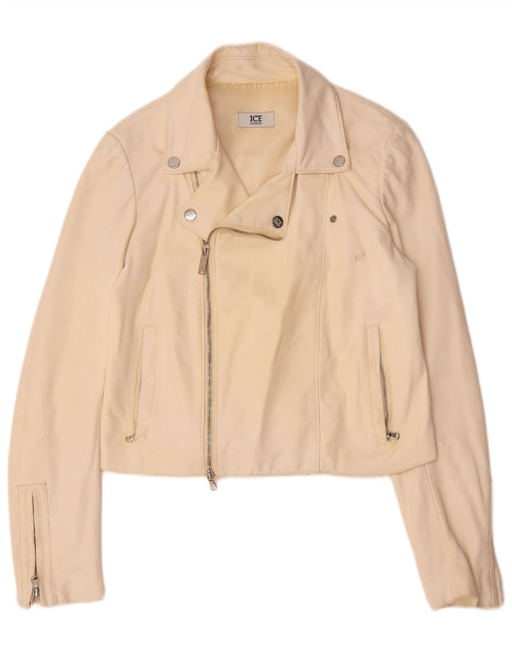 Iceberg Veste de motard en cuir pour femme UK 14 Medium Off White Cuir