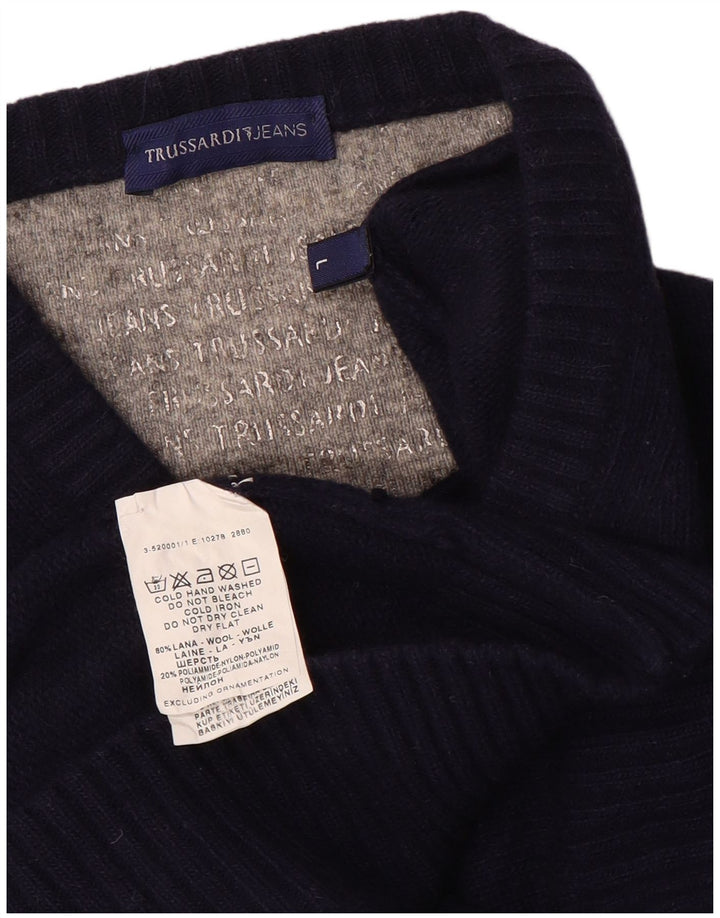 Trussardi Jeans Pull Col V Homme Large Bleu Marine Laine