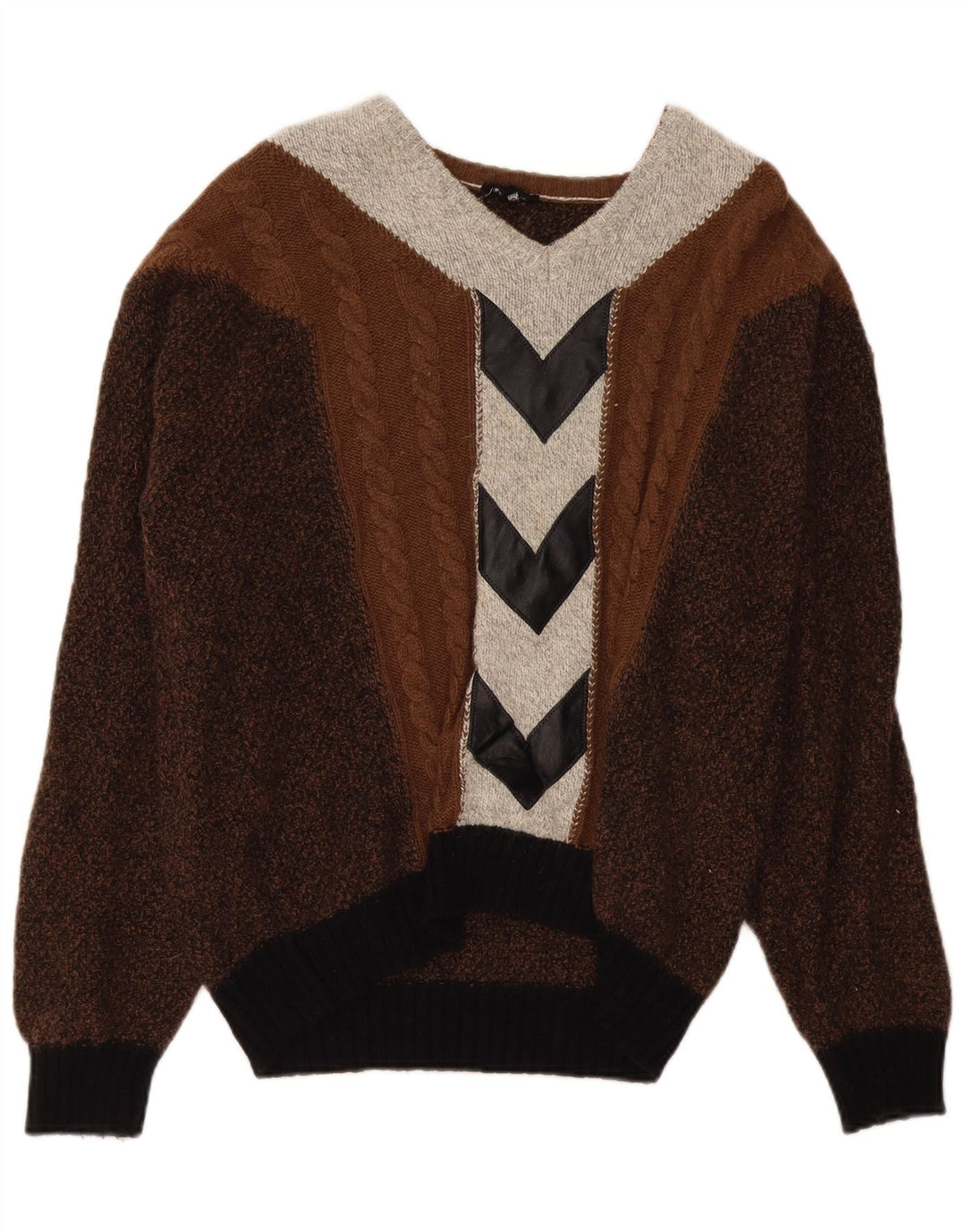 VINTAGE Pull col V pour homme Large Marron Colourblock
