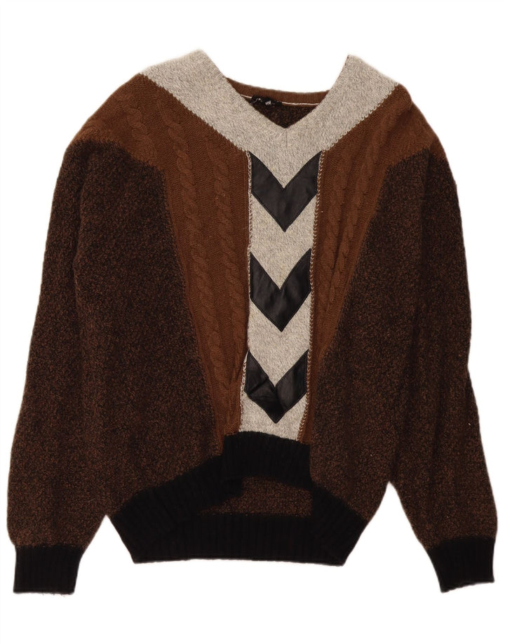VINTAGE Pull col V pour homme Large Marron Colourblock